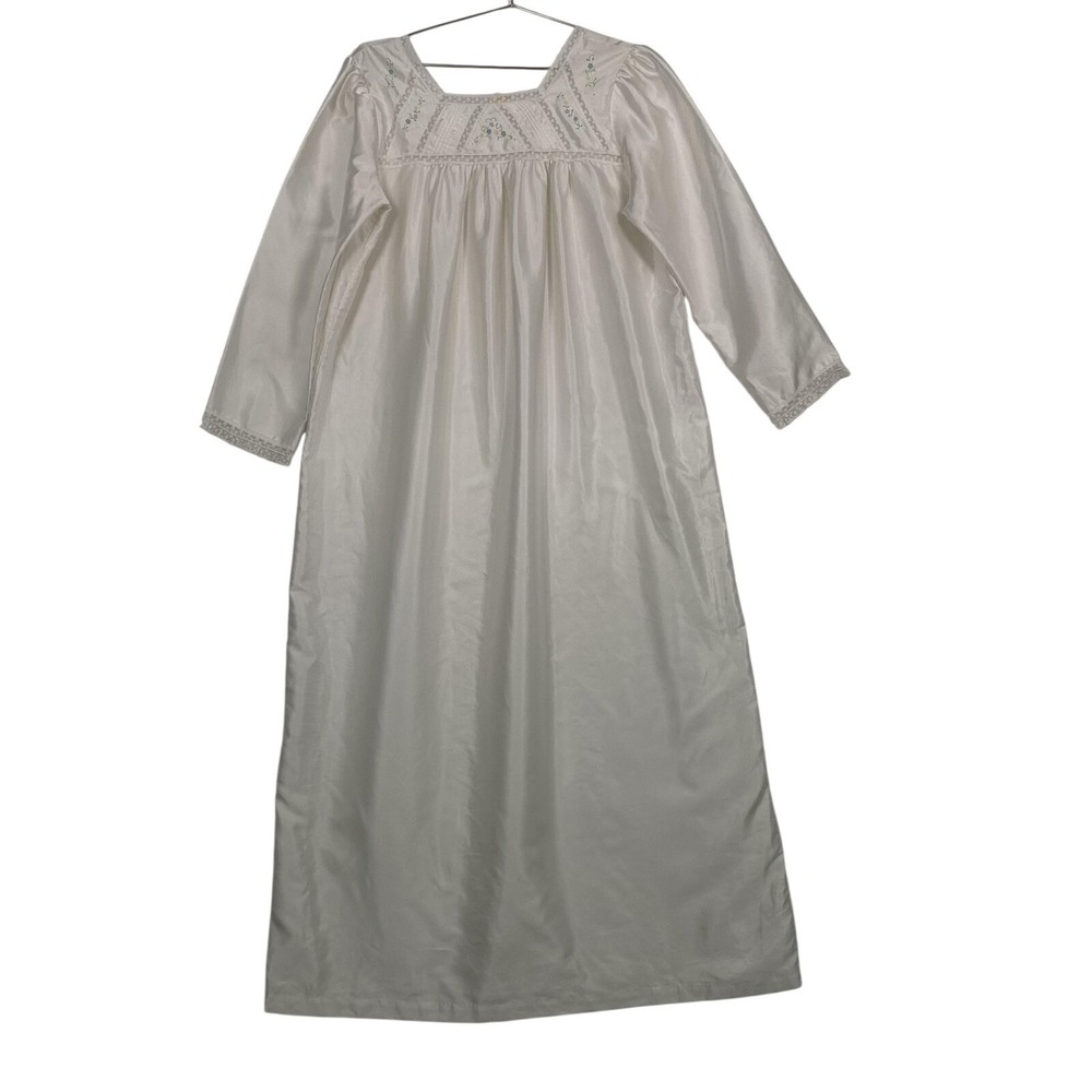 Vintage Barbizon Nightgown Womens Medium White Satin Floral Lace Embroidered
